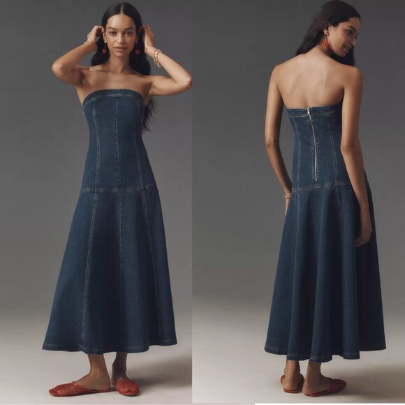 Anthropologie Dresses & Skirts - Anthropologie Pilcro Strapless Drop-Waist Denim Midi Dress XS blue nwt NEW
